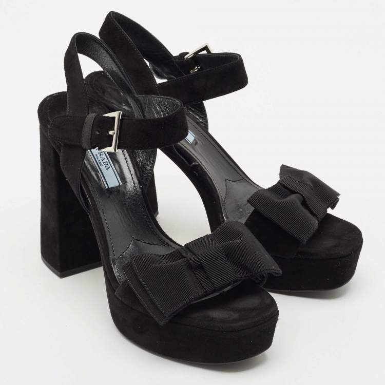 Pre Owned Prada Black Suede Ankle Strap Block Heel Platform Sandals Size 39