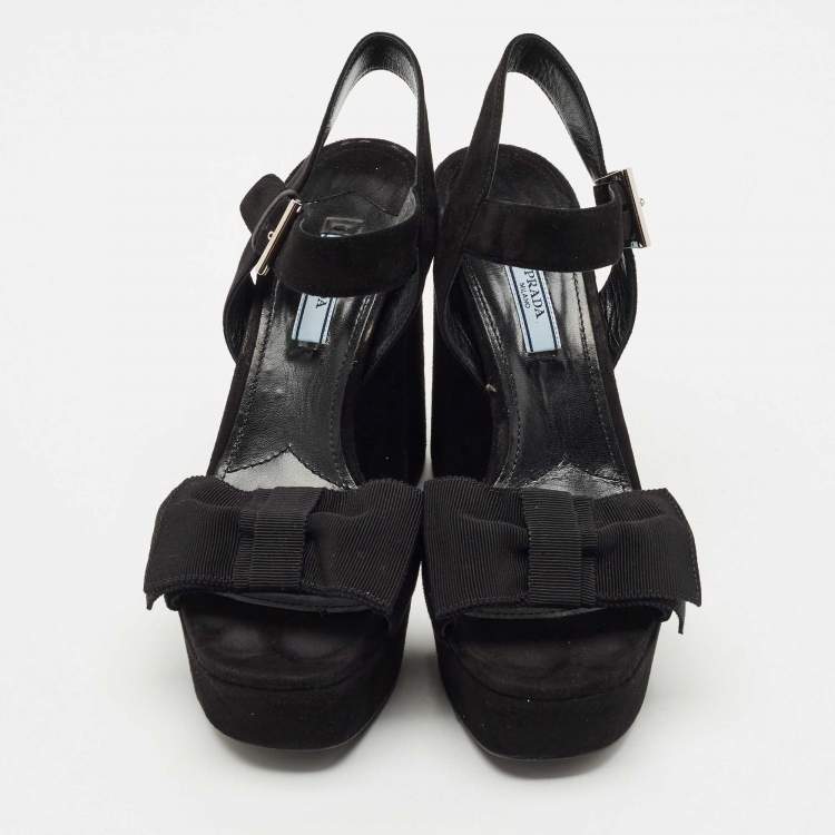 Pre Owned Prada Black Suede Ankle Strap Block Heel Platform Sandals Size 39