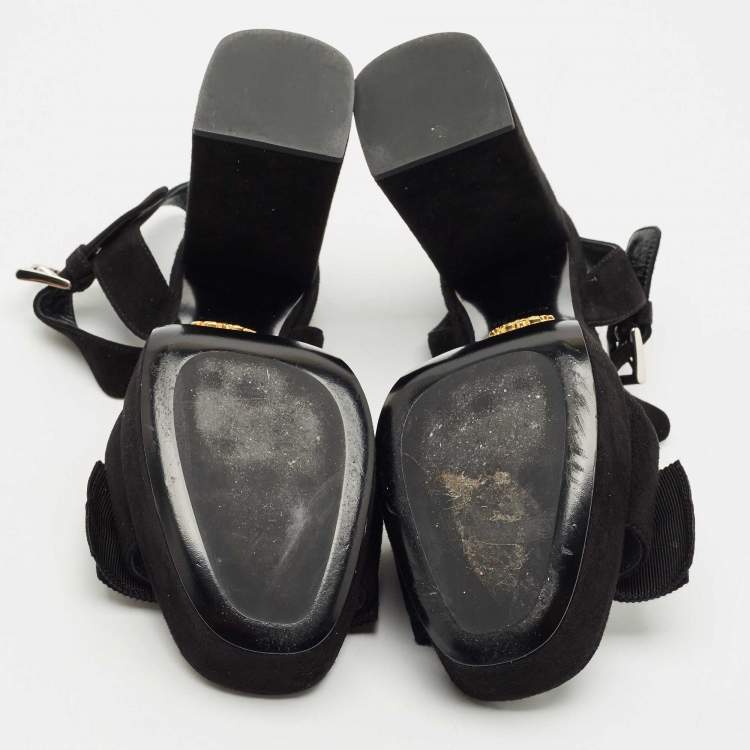 Pre Owned Prada Black Suede Ankle Strap Block Heel Platform Sandals Size 39