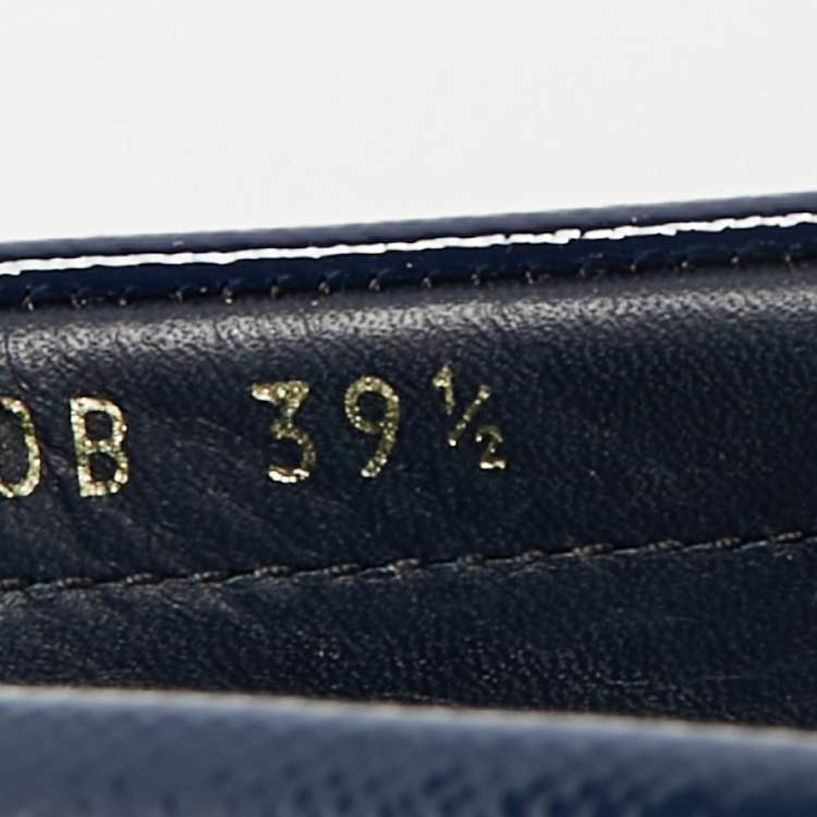 Pre Owned Prada Navy Blue Saffiano Patent Leather Bow Slip On Loafers Size 39.5