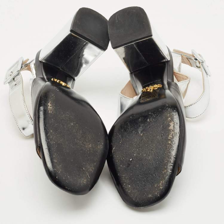 Pre Owned Prada Black/Silver Leather Ankle Strap Sandals Size 38