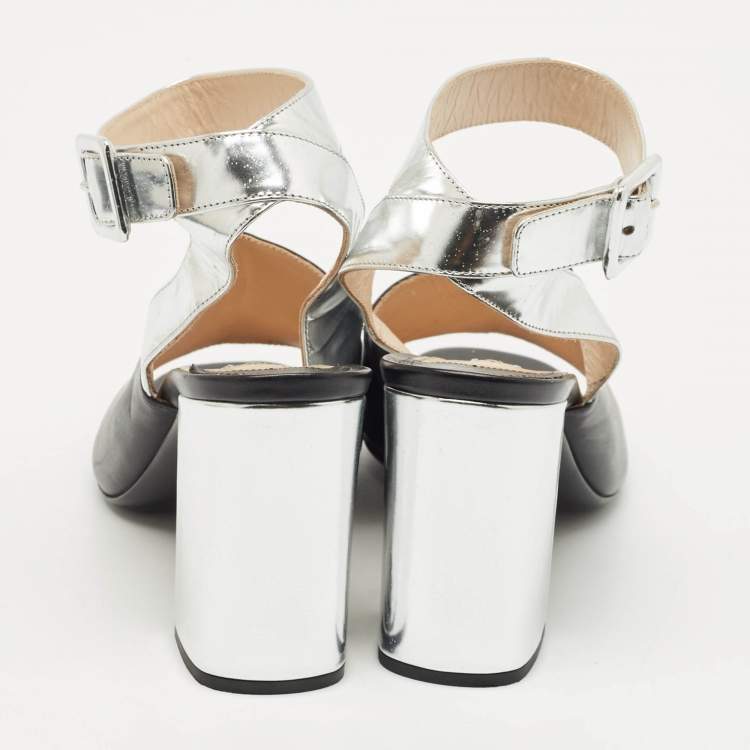 Pre Owned Prada Black/Silver Leather Ankle Strap Sandals Size 38