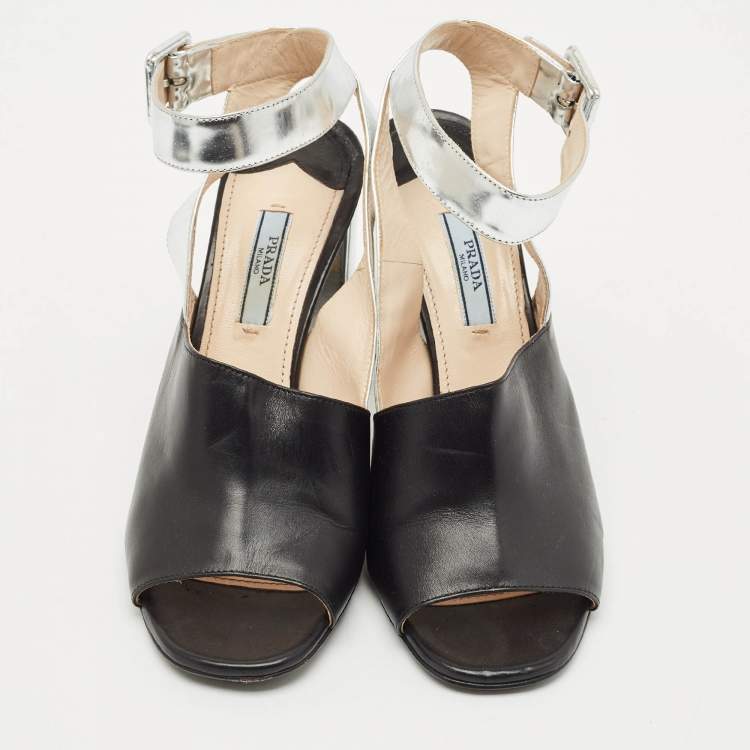 Pre Owned Prada Black/Silver Leather Ankle Strap Sandals Size 38