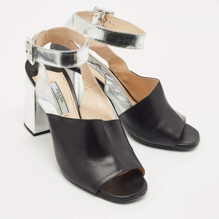 Pre Owned Prada Black/Silver Leather Ankle Strap Sandals Size 38