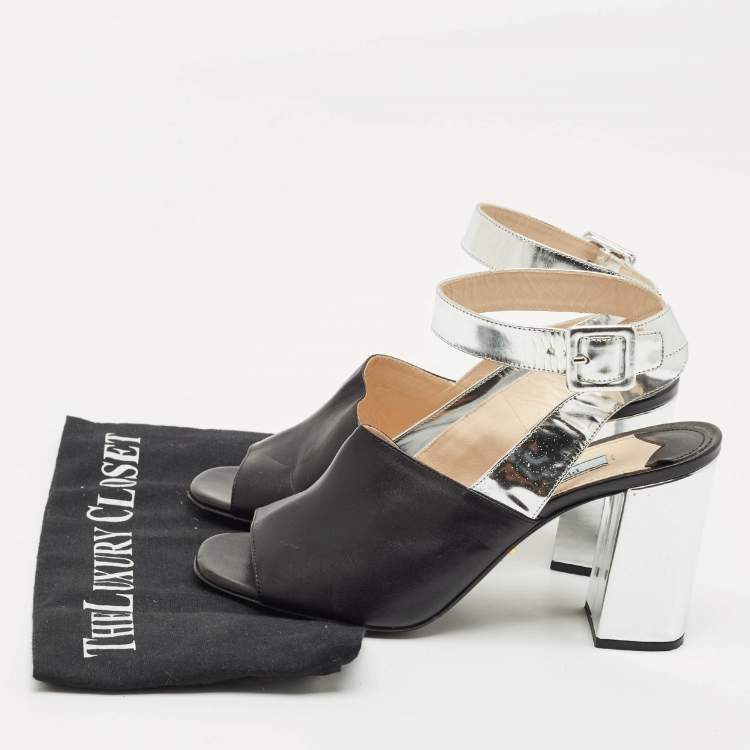Pre Owned Prada Black/Silver Leather Ankle Strap Sandals Size 38