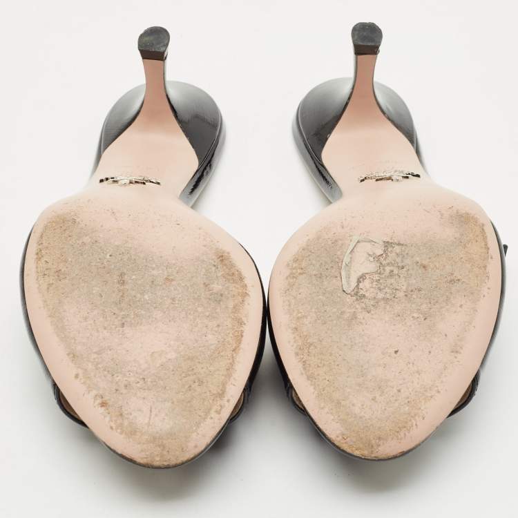 Pre Owned Prada Black Patent Leather Logo Slide Sandals Size 36.5