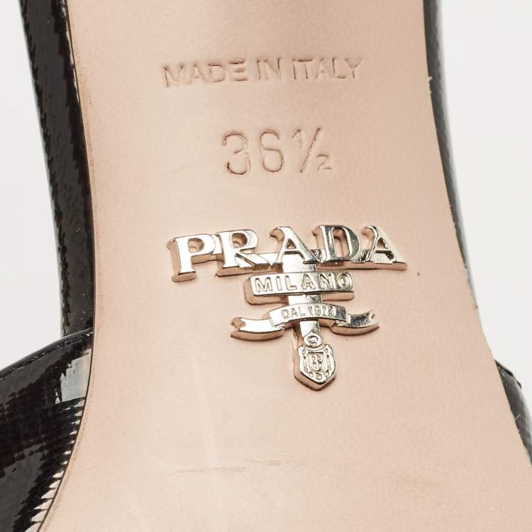 Pre Owned Prada Black Patent Leather Logo Slide Sandals Size 36.5