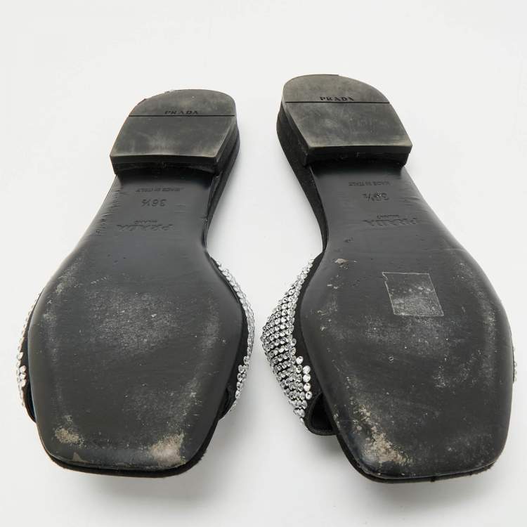 Pre Owned Prada Black Satin Crystal Embellished Flat Slides Size 36.5