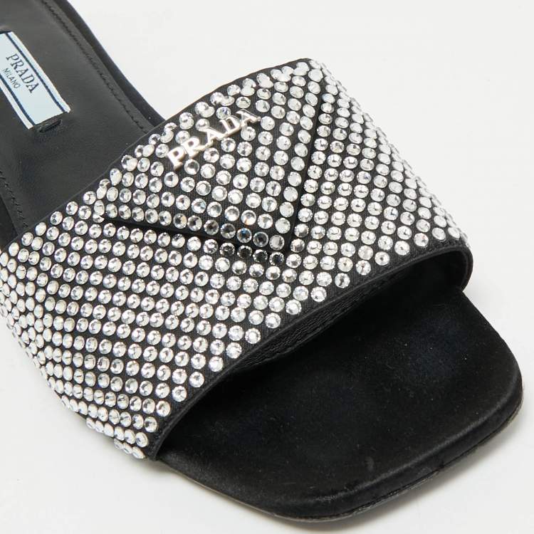 Pre Owned Prada Black Satin Crystal Embellished Flat Slides Size 36.5