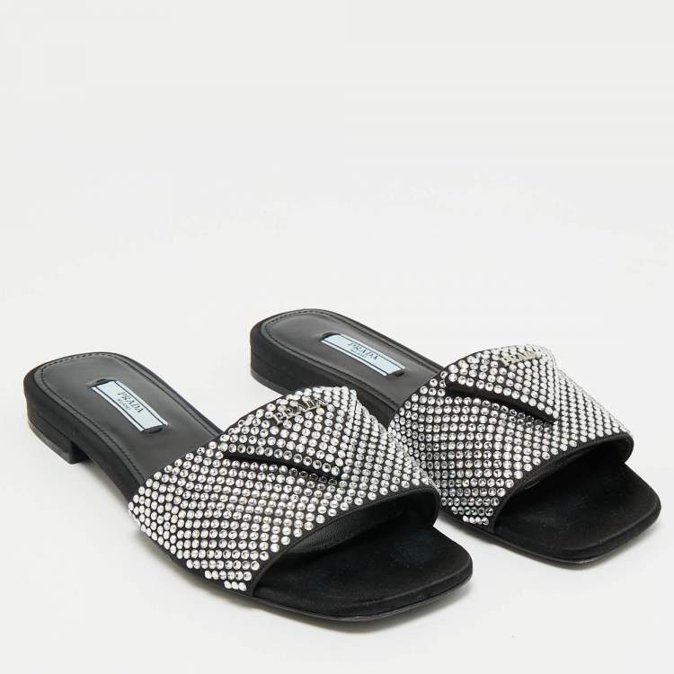 Pre Owned Prada Black Satin Crystal Embellished Flat Slides Size 36.5