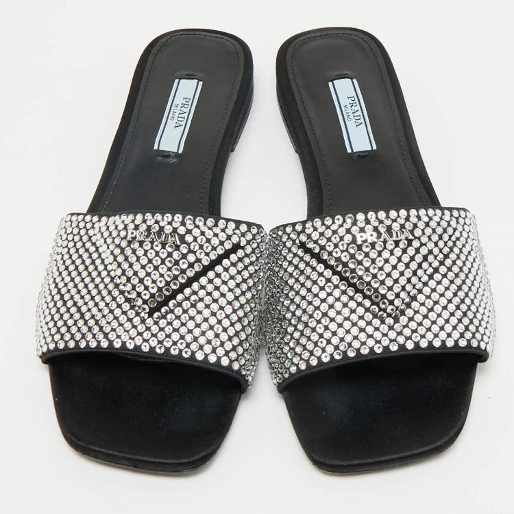 Pre Owned Prada Black Satin Crystal Embellished Flat Slides Size 36.5