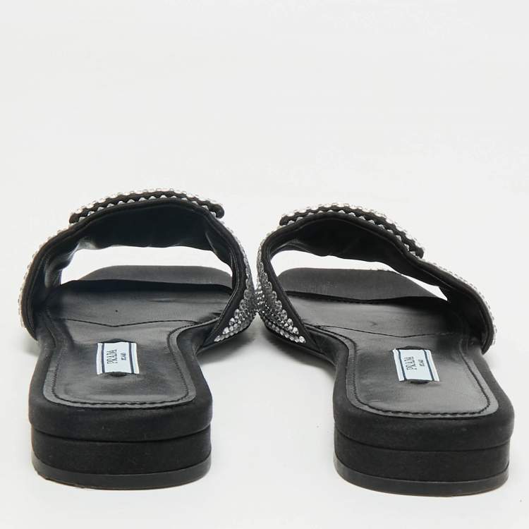 Pre Owned Prada Black Satin Crystal Embellished Flat Slides Size 36.5