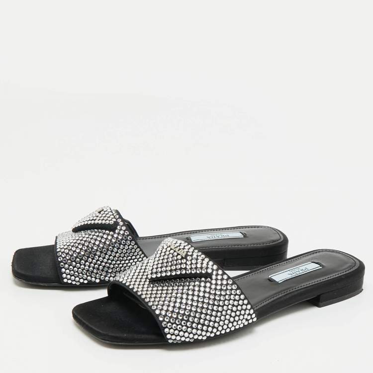 Pre Owned Prada Black Satin Crystal Embellished Flat Slides Size 36.5