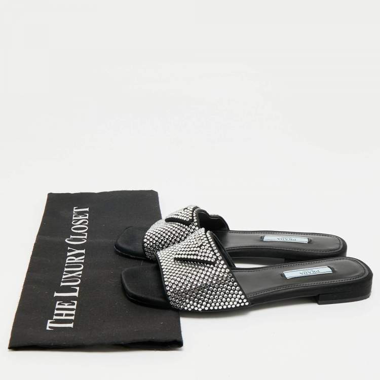 Pre Owned Prada Black Satin Crystal Embellished Flat Slides Size 36.5