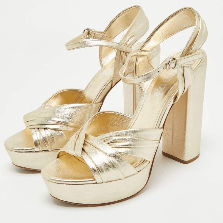 Pre Owned Prada Gold Saffiano Leather Ankle Strap Block Heel Platform Sandals Size 39