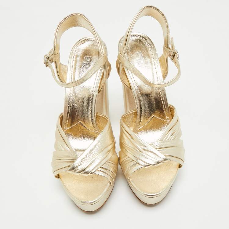 Pre Owned Prada Gold Saffiano Leather Ankle Strap Block Heel Platform Sandals Size 39