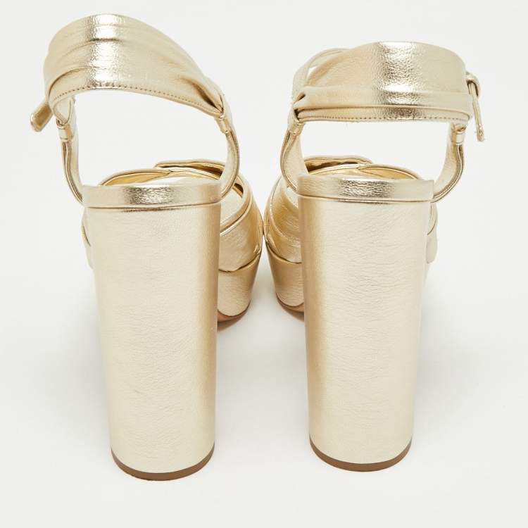 Pre Owned Prada Gold Saffiano Leather Ankle Strap Block Heel Platform Sandals Size 39