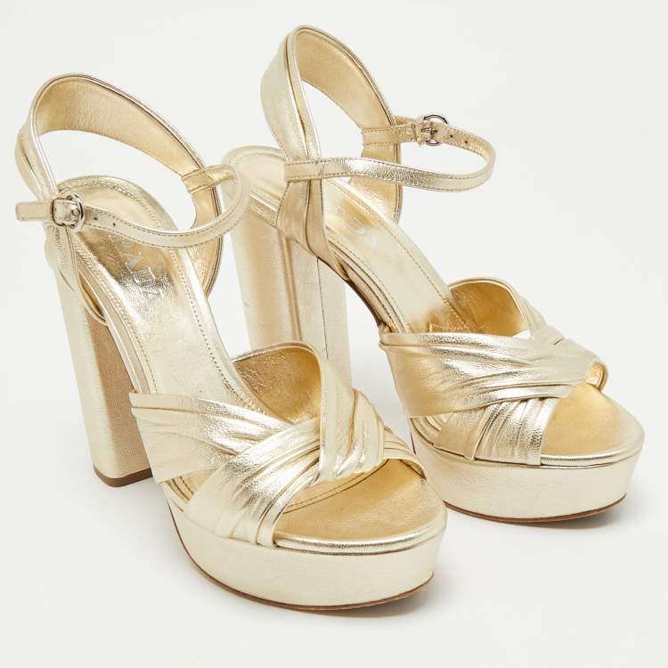 Pre Owned Prada Gold Saffiano Leather Ankle Strap Block Heel Platform Sandals Size 39