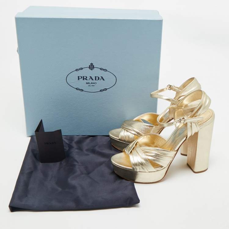 Pre Owned Prada Gold Saffiano Leather Ankle Strap Block Heel Platform Sandals Size 39