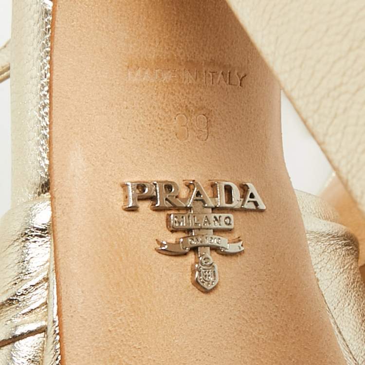 Pre Owned Prada Gold Saffiano Leather Ankle Strap Block Heel Platform Sandals Size 39