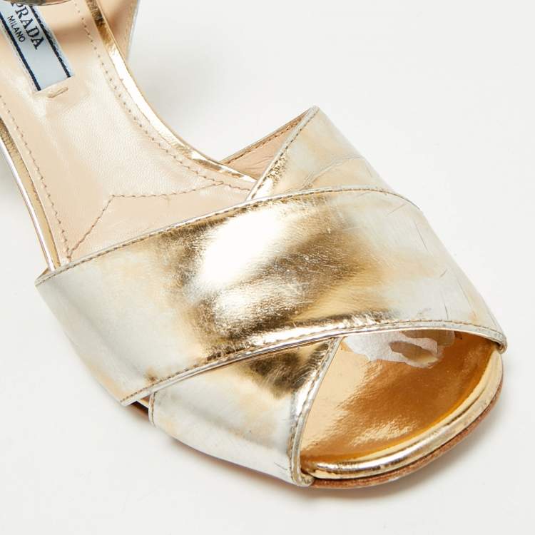 Pre Owned Prada Gold Leather Ankle Strap Block Heel Sandals Size 38