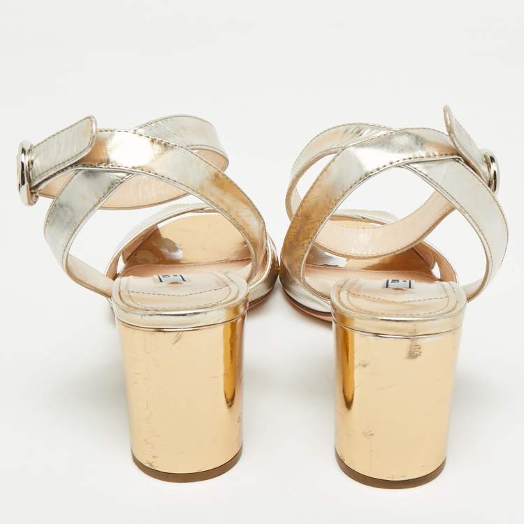 Pre Owned Prada Gold Leather Ankle Strap Block Heel Sandals Size 38