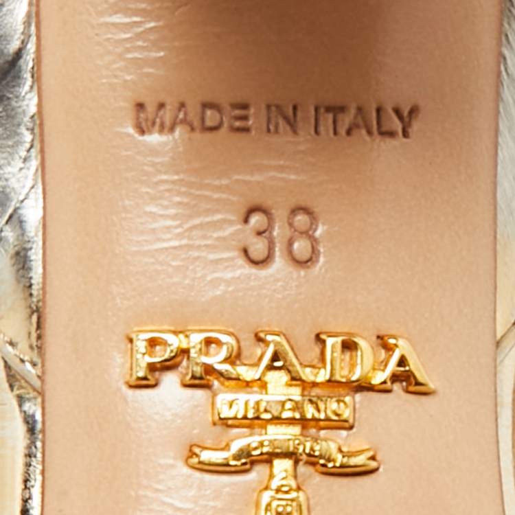 Pre Owned Prada Gold Leather Ankle Strap Block Heel Sandals Size 38