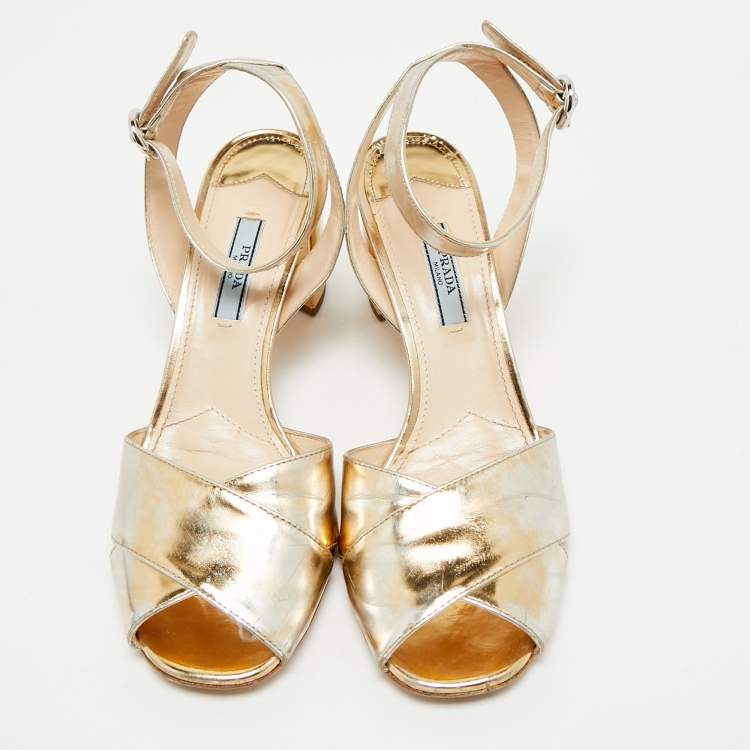 Pre Owned Prada Gold Leather Ankle Strap Block Heel Sandals Size 38