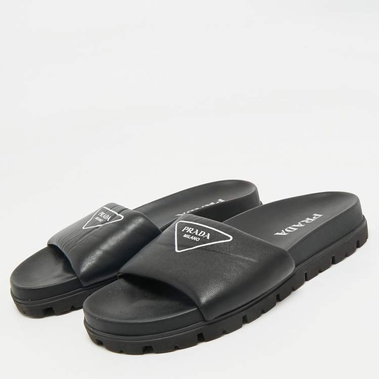 Pre Owned Prada Black Soft Padded Leather Logo Print Flat Slide Sandals Size 38