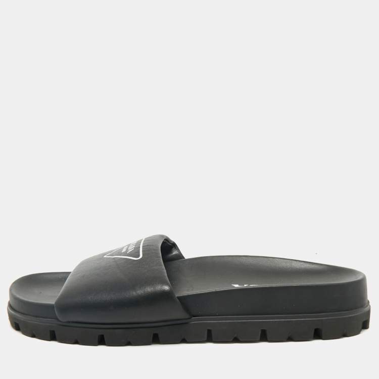 Pre Owned Prada Black Soft Padded Leather Logo Print Flat Slide Sandals Size 38