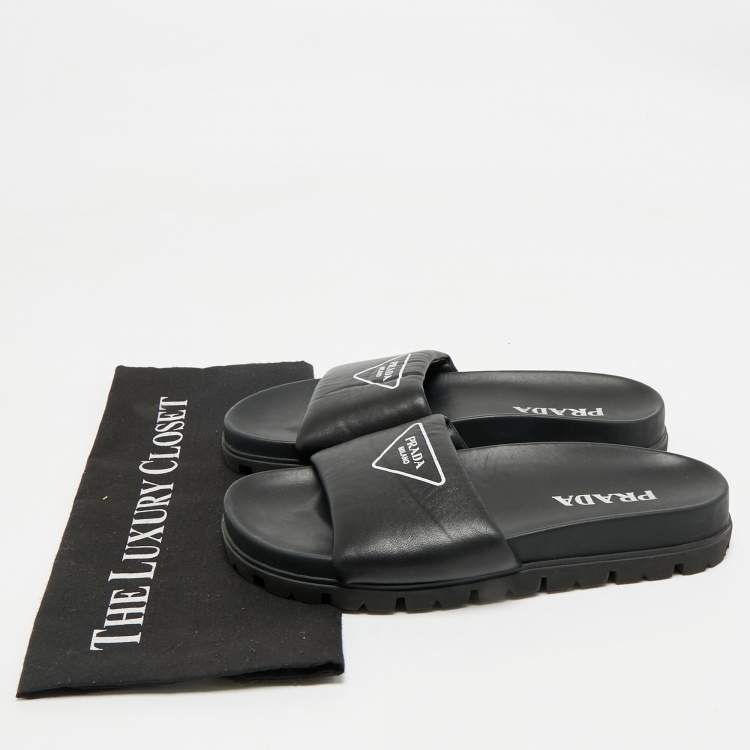 Pre Owned Prada Black Soft Padded Leather Logo Print Flat Slide Sandals Size 38