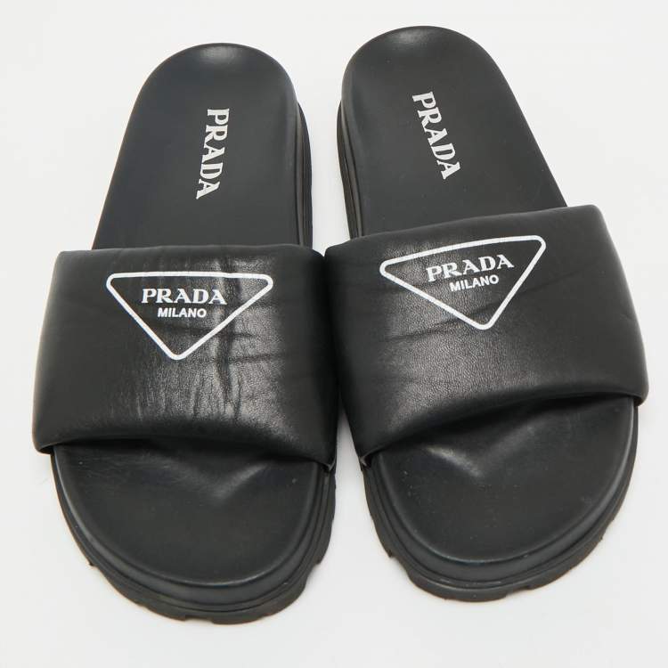 Pre Owned Prada Black Soft Padded Leather Logo Print Flat Slide Sandals Size 38