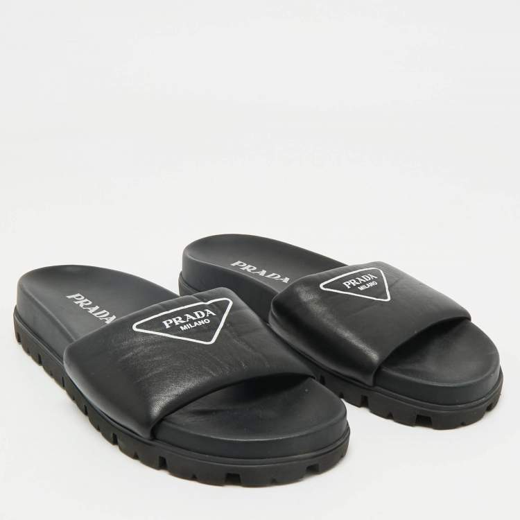 Pre Owned Prada Black Soft Padded Leather Logo Print Flat Slide Sandals Size 38