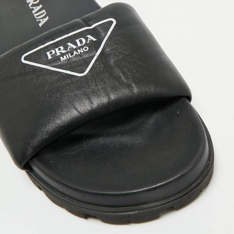 Pre Owned Prada Black Soft Padded Leather Logo Print Flat Slide Sandals Size 38