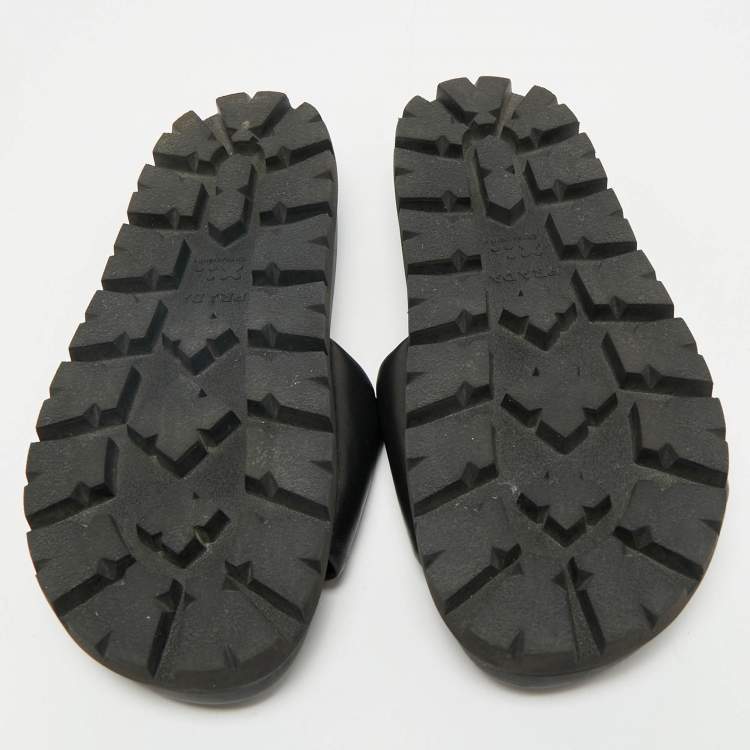 Pre Owned Prada Black Soft Padded Leather Logo Print Flat Slide Sandals Size 38