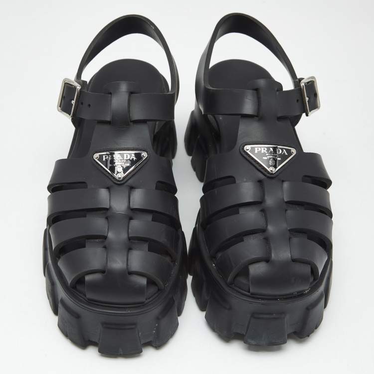 Pre Owned Prada Black Rubber Monolith Platform Sandals Size 37