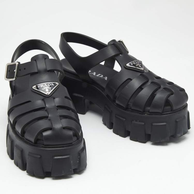 Pre Owned Prada Black Rubber Monolith Platform Sandals Size 37