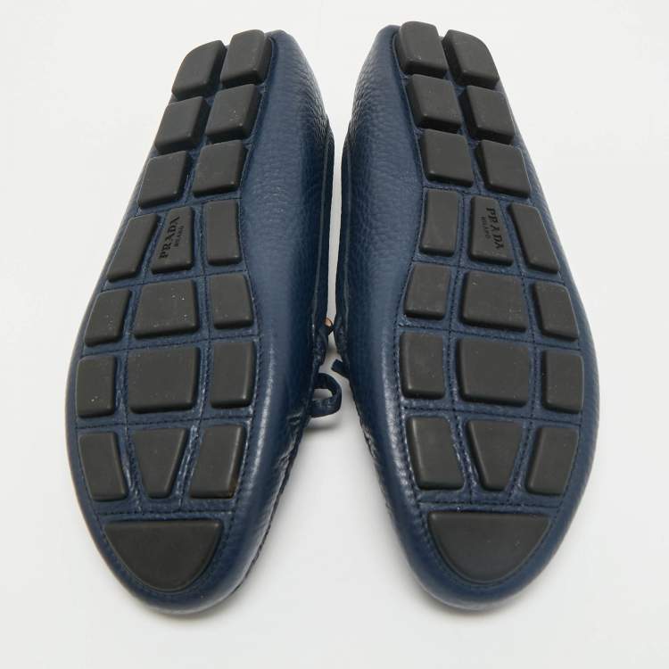 Pre Owned Prada Navy Blue Leather Bow Slip On Loafers Size 38