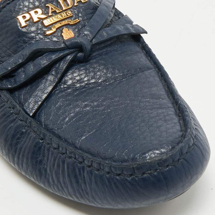 Pre Owned Prada Navy Blue Leather Bow Slip On Loafers Size 38