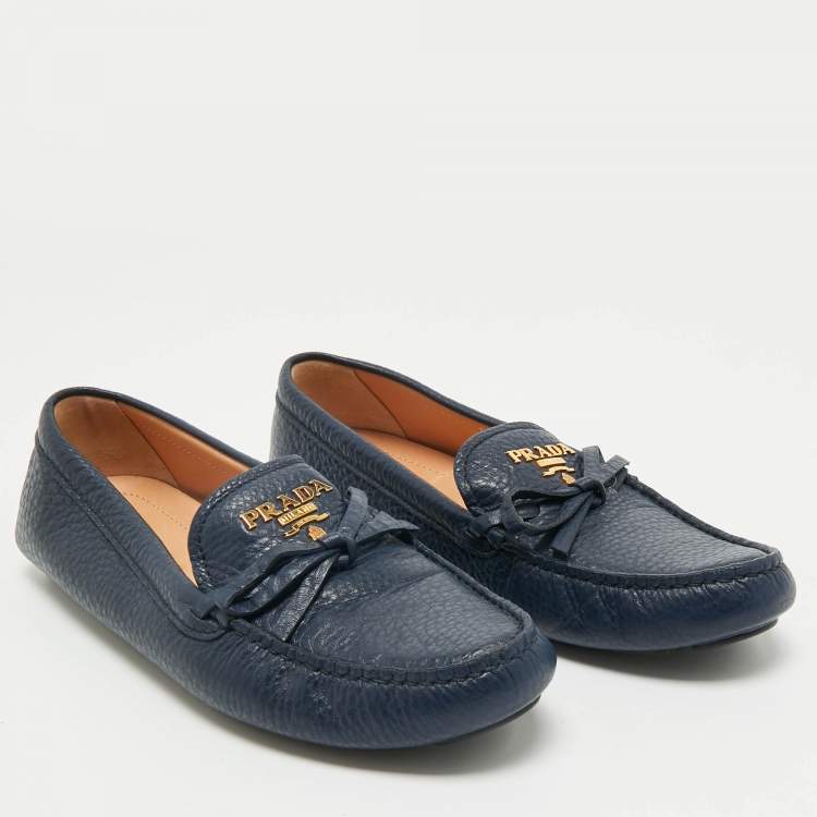 Pre Owned Prada Navy Blue Leather Bow Slip On Loafers Size 38