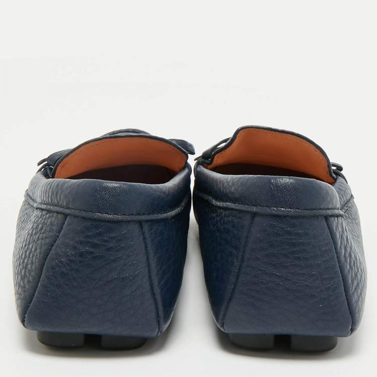 Pre Owned Prada Navy Blue Leather Bow Slip On Loafers Size 38