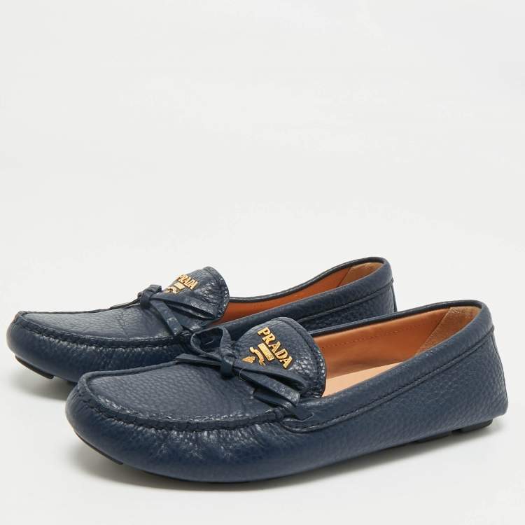 Pre Owned Prada Navy Blue Leather Bow Slip On Loafers Size 38