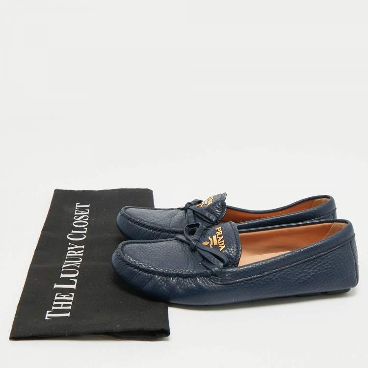 Pre Owned Prada Navy Blue Leather Bow Slip On Loafers Size 38