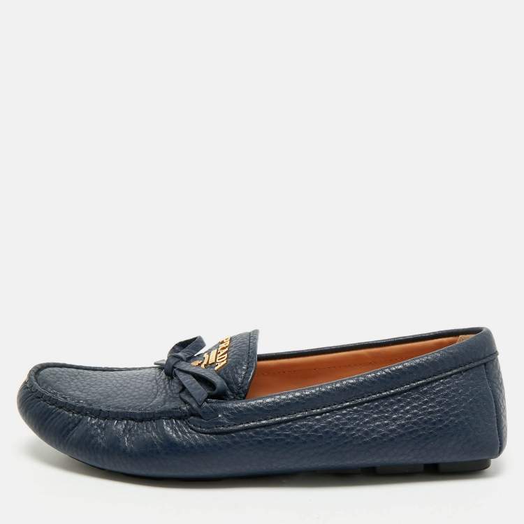Pre Owned Prada Navy Blue Leather Bow Slip On Loafers Size 38