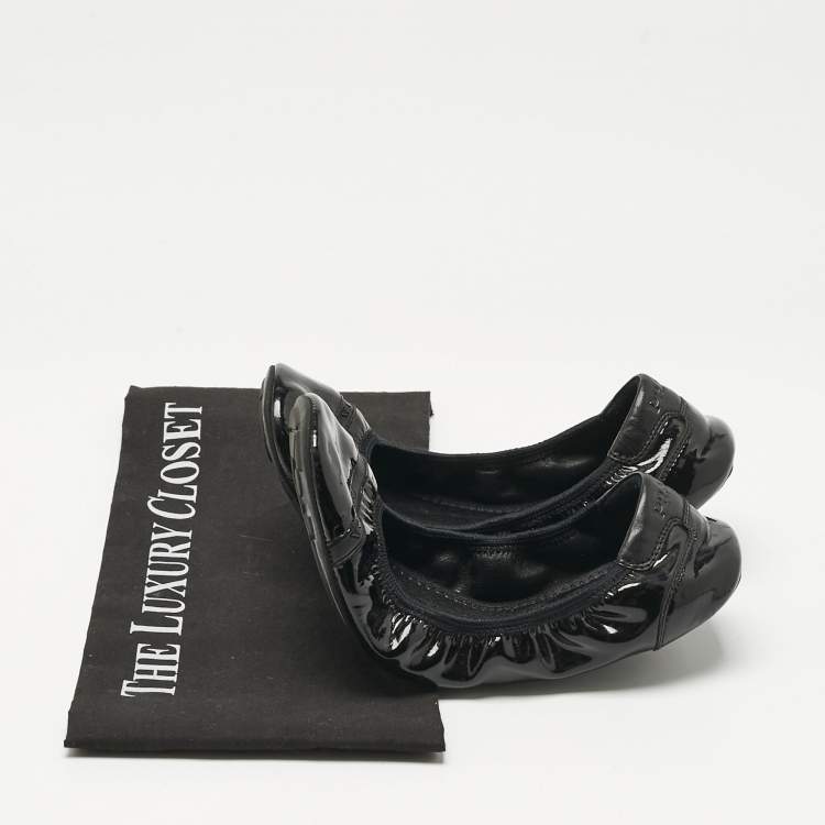 Pre Owned Prada Black Patent Leather Cap Toe Scrunch Ballet Flats Size 37.5