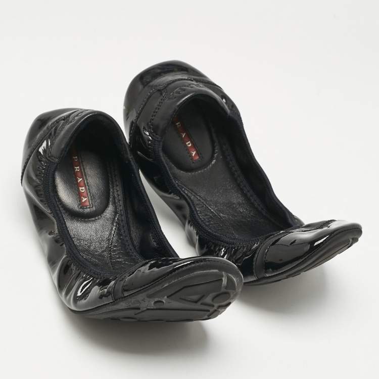 Pre Owned Prada Black Patent Leather Cap Toe Scrunch Ballet Flats Size 37.5