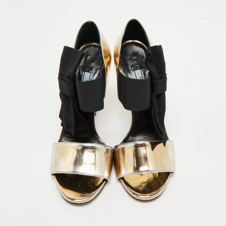 Pre Owned Prada Gold/Black Leather and Grosgrain Bow Ankle Strap Sandals Size 36.5