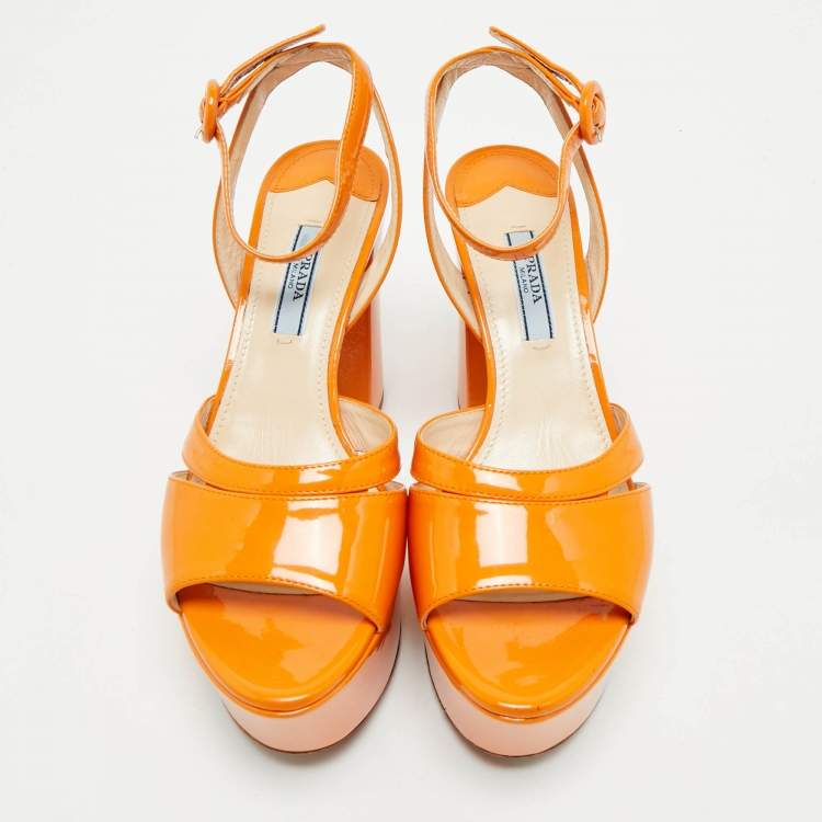 Pre Owned Prada Orange Patent Leather Platform Ankle Strap Sandals Size 36