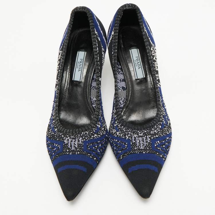Pre Owned Prada Navy Blue/Black Knit Fabric Pointed Toe Pumps Size 38.5