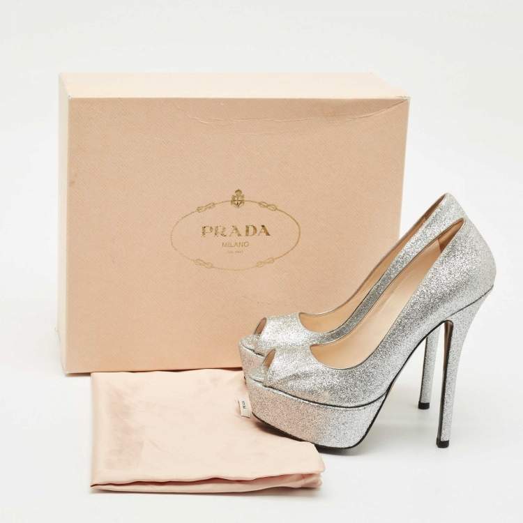 Pre Owned Prada Silver Glitter Leather Peep Toe Platform Pumps Size 37